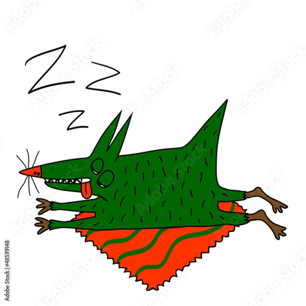 Obraz strange green dog sleeps on the orange carpet