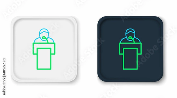 Obraz Line Gives lecture icon isolated on white background. Stand near podium. Speak into microphone. The speaker lectures and gestures. Colorful outline concept. Vector