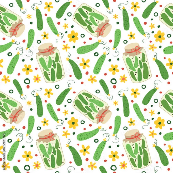 Fototapeta Canned vegetables in glass jars on a white background. Seamless pattern with pickled plant food. Vector flat illustration
