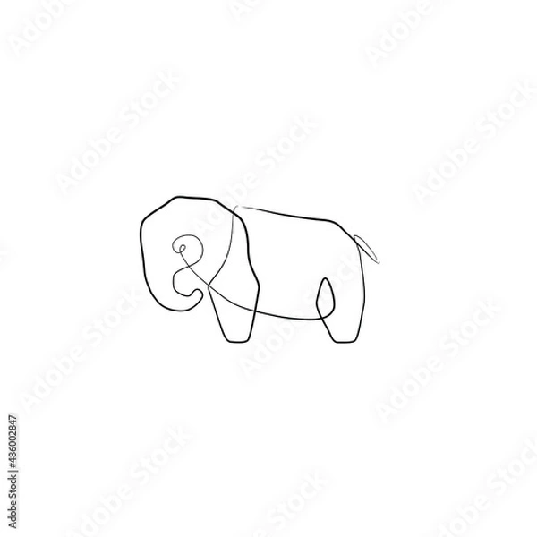 Fototapeta Elephant continuous line drawing, small tattoo, print for clothes and logo design, emblem or logo design, silhouette one single line on a white background, isolated vector illustration. 