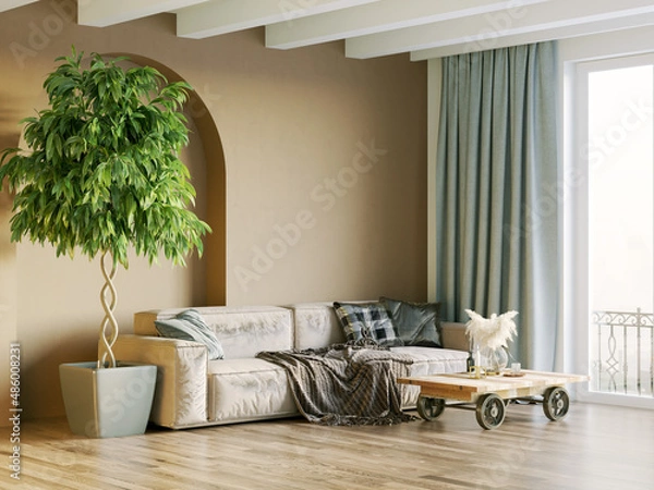 Fototapeta Modern beautiful interior of the room with light walls, large windows and stylish furniture. Bright design in Scandinavian style. 3D rendering