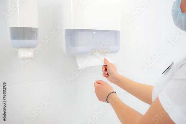 Fototapeta disposable hand towel, paper napkins for hands,hygiene after toilet, doctor wipes hands, paper holder