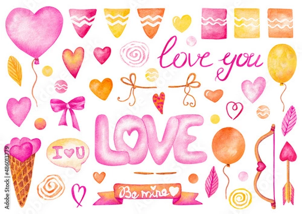 Obraz Watercolor set for valentine's day. Hand-drawn elements for the design of postcards, posters, textiles.