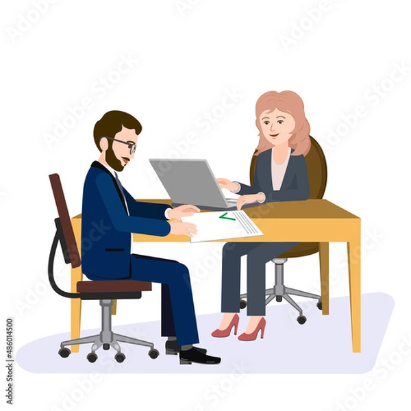 Obraz The client is sitting at the table, opposite the girl who works in the office. Vector illustration of a manager's workplace, working with clients. The girl gives the document with approval to the man