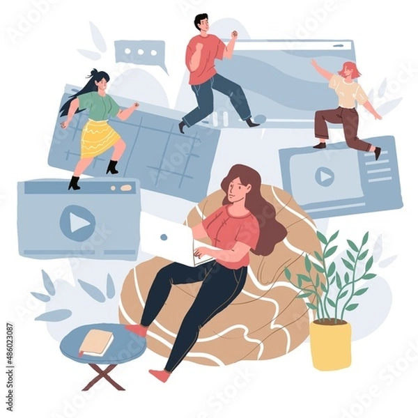 Fototapeta Vector cartoon flat characters,online apps elements and screens floats around woman in bag chair,girl using laptop-online work and social media communication concept,web site banner ad design