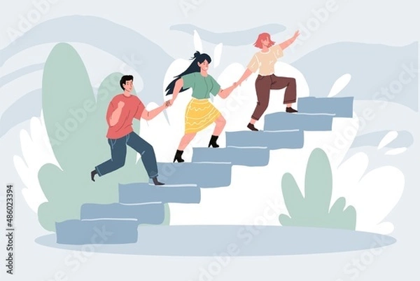 Fototapeta Vector flat cartoon characters runs up the stairs holding hands,helping each other-effective teamwork of successful startup team metaphor,business success achievement concept,web site banner design
