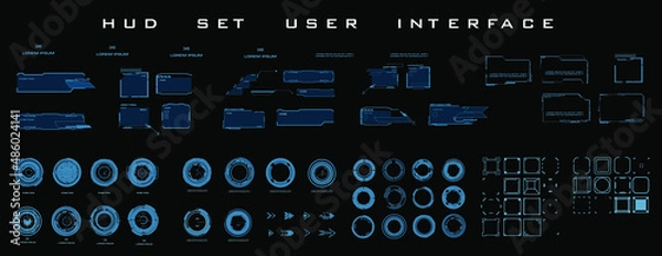Fototapeta HUD. High-tech personal gaming user interface. Set technological elements frames, circular pointers, targets for HUD game user interface. Gaming windows and frames in cyber style