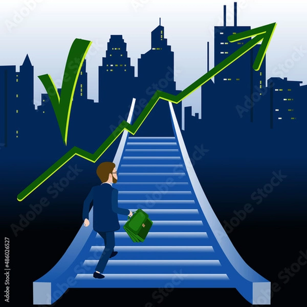 Obraz Achieving goals and career growth in bizness. Vector illustration of a man running up a ladder that leads to a career goal in bizness. Striving upward for new opportunities and achievements in busines