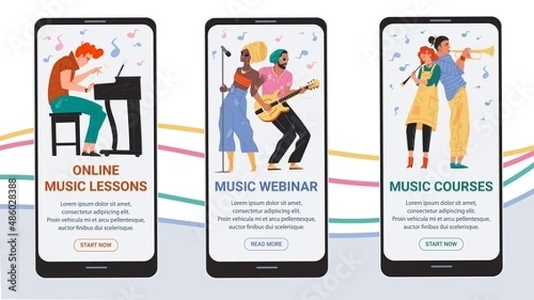 Fototapeta Set of vector flat cartoon characters sing and play music on smartphone app screens-mobile UI kit templates for online education,music courses webinars applications,web page design with people scenes