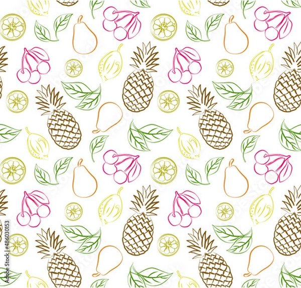 Fototapeta seamless pattern with fruits, pineapple, cherry, lemon, pear. Vector illustration