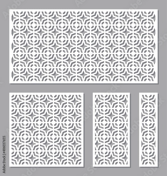 Fototapeta Set of panels with a geometric pattern. Stencils, lattice of square, rectangular shape with decorative octahedron. Template for plotter laser cutting of paper, metal engraving, wood carving, cnc. 
