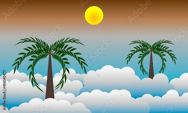 Obraz Surrealism. Palm trees growing in the sky and the shining sun on the sand.