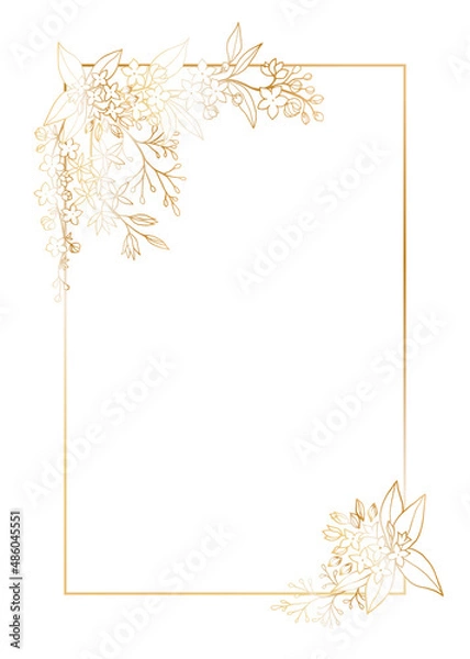 Obraz Decorative postcard template with a rectangular frame with bouquets of blooming branches of spring flowers for holiday design cards, congratulations, flyers, letterheads. 