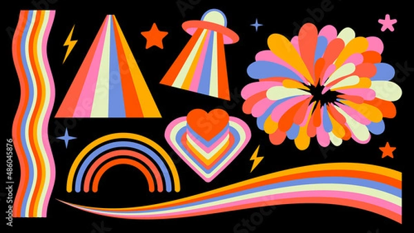 Obraz Set of hipster retro cool rainbow psychedelic elements. A collection of groovy cliparts iridescent from the 70s. Abstract design of cartoon stickers. Trend vector illustration