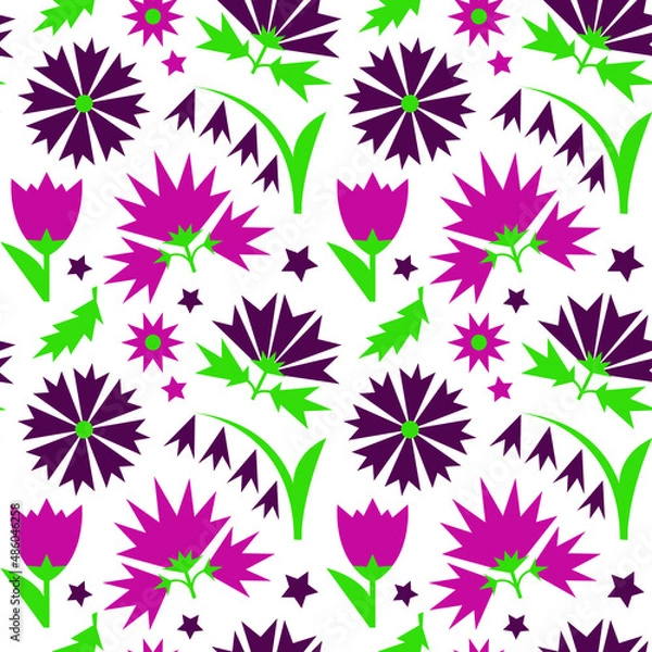 Obraz seamless pattern with purple flowers on a white background. bright spring meadow. floral ornament. geometric pattern. vector