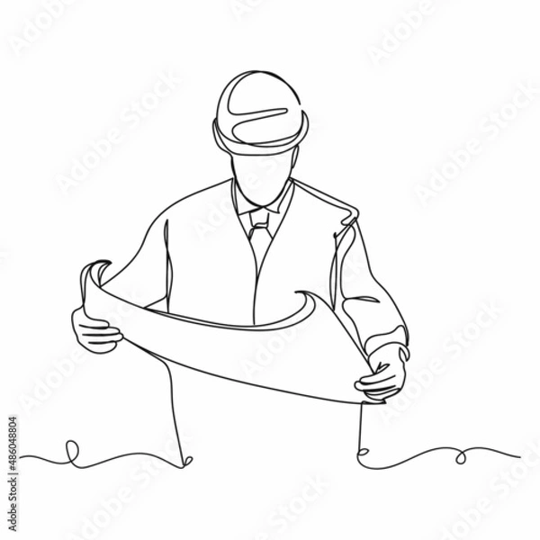 Fototapeta Continuous one simple single abstract line drawing of constructor foreman worker with helmet icon in silhouette on a white background. Linear stylized.
