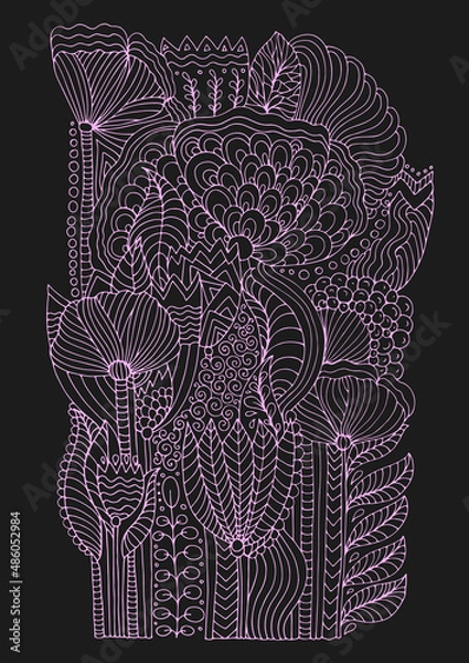 Fototapeta Vector hand drawn colorful pattern background decorative fantastic unreal doodle leaves and flowers. Freehand sketching illustration nature painting. Design floret pattern print. Pink lines on brown