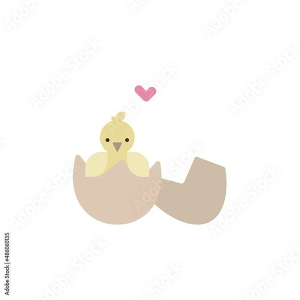 Obraz Vector flat illustration with little hatched chick and little heart with broken egg for print, easter card, post card.