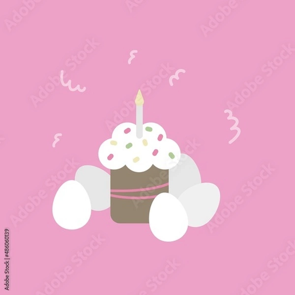 Obraz Vector flat illustration with easter cake, candle and eggs on pink background for card, post card, print or infographic picture. 