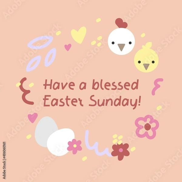 Obraz Vector cute frame for easter postcard with simple lettering and little illustration of hen, chick, eggs, leafs and flowers on peach background.