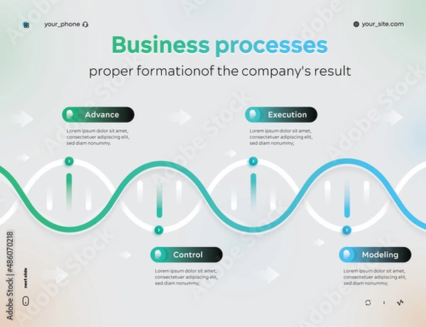 Obraz Business processes in the form of a dna graph. Formation of the result in the company with four options or steps. Used for presentations, banner, flowchart. Vector business infographic template. EPS10