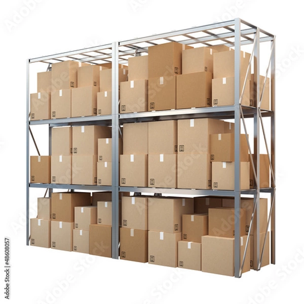 Fototapeta Metal stand with boxes isolated on white background