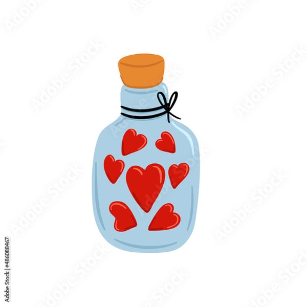 Fototapeta Doodle bottle with hearts and tag for Valentine's day, holiday clipart
