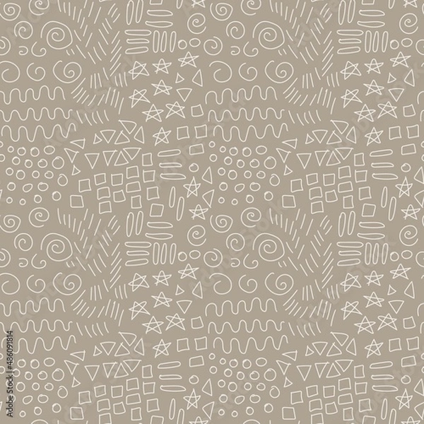 Obraz Seamless vector pattern in doodle style. Many different shapes from thin light lines on a brown background. Asterisks, sticks, squares, triangles, curls. Universal background.