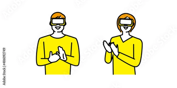 Obraz ゴーグルを装着してバーチャルリアリティ空間の中で拍手をする男性と女性