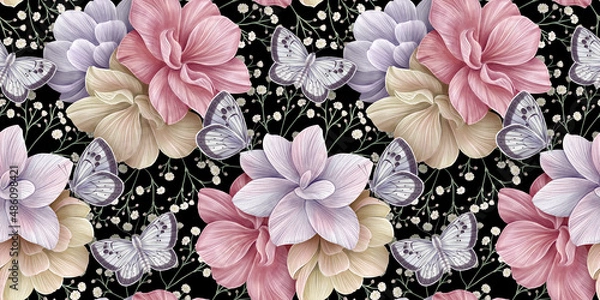 Fototapeta Hydrangea background, floral seamless pattern. Delicate garden flowers bouquets, gypsophila, butterflies. Watercolor 3d illustration. Tropical art, texture. Luxury wallpapers, cloth, mural, paper