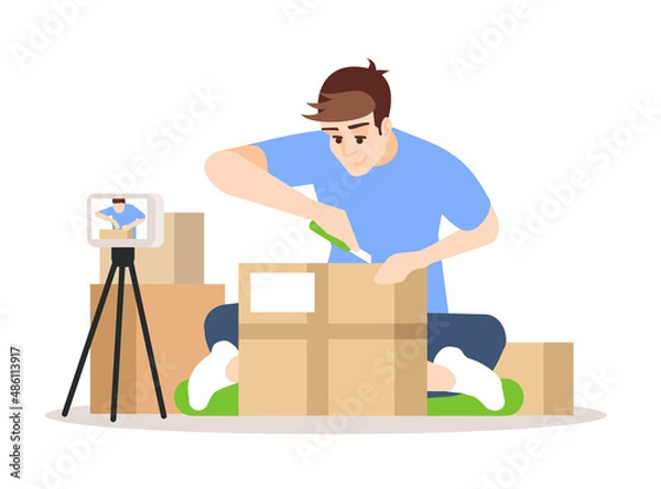 Fototapeta Recording unboxing video semi flat RGB color vector illustration. Young male blogger isolated cartoon character on white background
