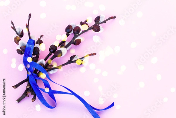 Fototapeta Happy Easter. Pussy willow.  Bouquet of pussy willow branches on a light background. Easter composition. Blank for an Easter card. Copy space.