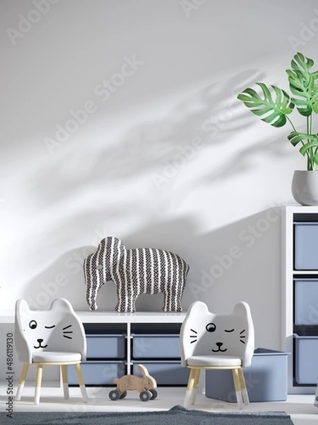 Obraz white clean wall mockup in kids interior with yellow cute elephant pillow 3d rendering