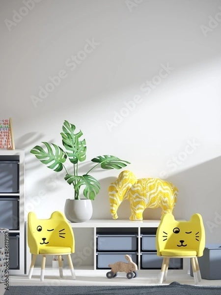 Obraz white clean wall mockup in kids interior with yellow cute elephant pillow 3d rendering