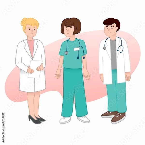 Obraz Vector illustration of a group of medical workers on a white background in a flat style. Doctors and nurses, men and women in uniform.