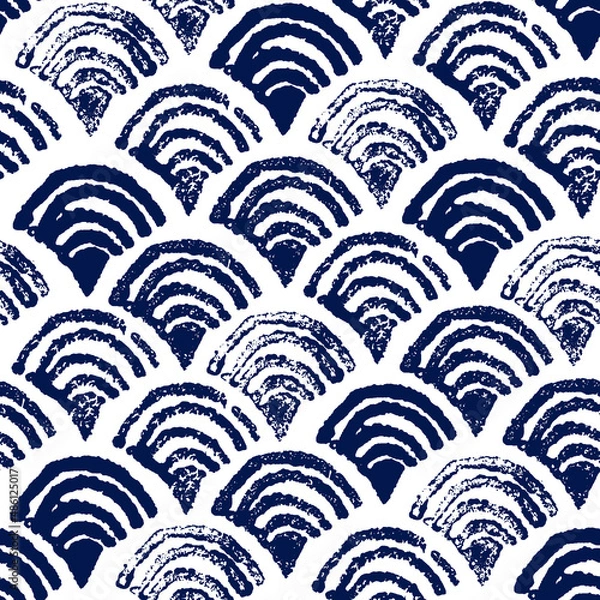Obraz Blue seamless pattern in japanese style. Traditional vector art background. Hand drawn stamp geometric ornament