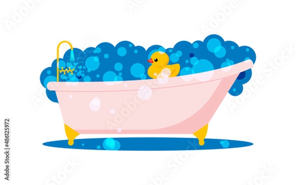 Obraz Yellow cute rubber duck swims in a pink bubble bath. Bathing and washing with toys. 
