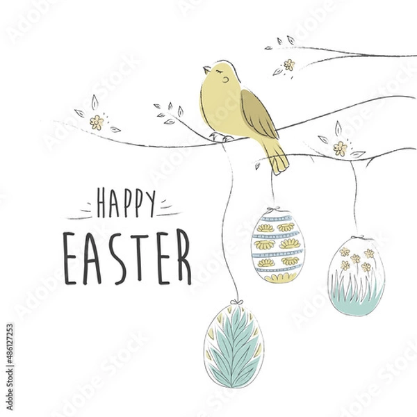Fototapeta Easter greeting card. Cute rabbit bunny holding colored egg with dots and cute little yellow chicks in cracked eggs and eggshell, speech bubble with text sign Happy Easter and spring flowers. Funny