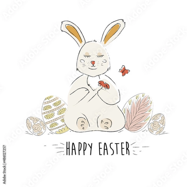 Fototapeta Happy easter greeting card. Handwritten easter quote and hand drawn rabbit for design card, invitation, t-shirt, book, banner, poster, scrapbook, album etc ,Easter Eggs 