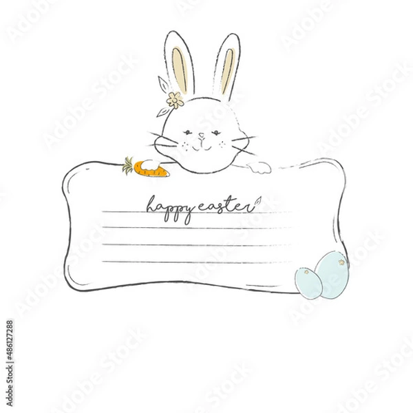 Fototapeta Happy easter greeting card. Handwritten easter quote and hand drawn rabbit for design card, invitation, t-shirt, book, banner, poster, scrapbook, album etc, Easter Eggs 