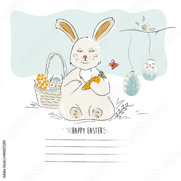 Fototapeta Happy easter greeting card. Handwritten easter quote and hand drawn rabbit for design card, invitation, t-shirt, book, banner, poster, scrapbook, album etc, Easter Eggs 