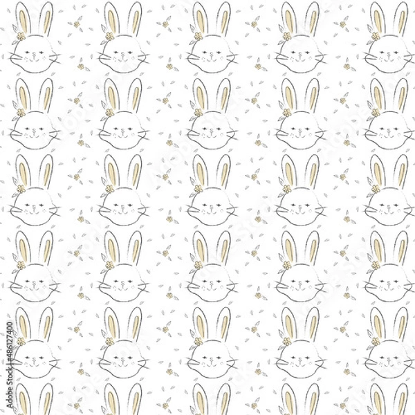 Fototapeta Happy easter greeting pattern. Handwritten easter quote and hand drawn rabbit for design card, invitation, t-shirt, book, banner, poster, scrapbook, album etc. Easter Eggs 