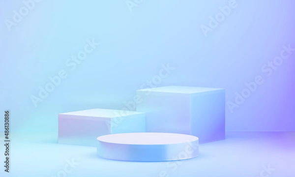 Fototapeta Two cube cylinder Hologram color podium display background with cloud clean wall in purple theme. 3D illustration rendering.