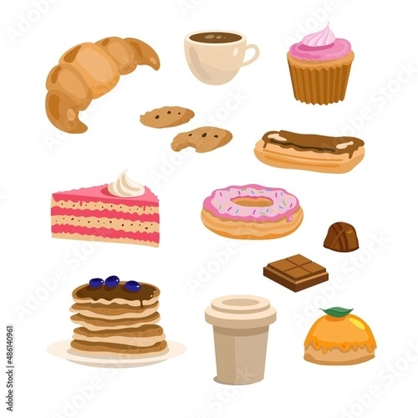Obraz Set of vector sweets in flat style isolated on white background. Illustrations of confectionery products for a coffee shop or cafe. Desserts with tea and coffee.