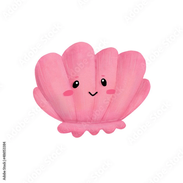 Obraz cartoon pink sea and sand shells on a white background, ocean, nature, scallop