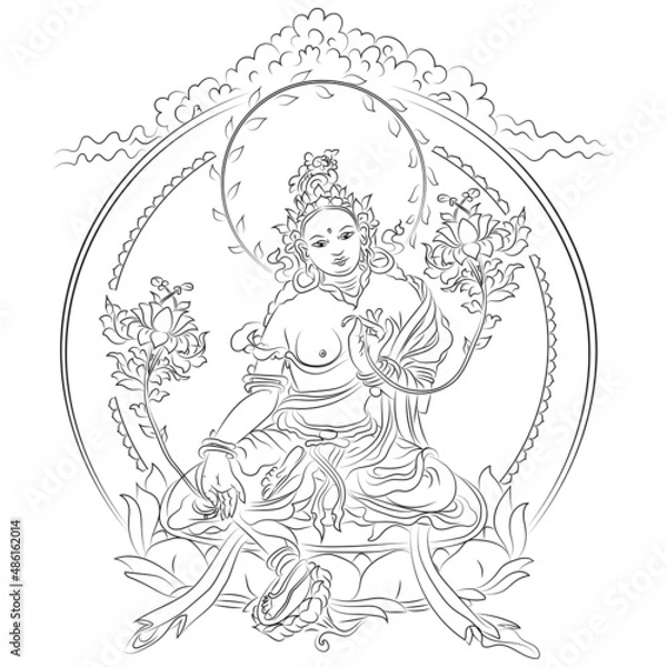 Fototapeta Tibetan buddhism icon of green tara sitting on lotus with lotuses in hands outline black white vector illustration