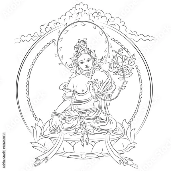 Fototapeta Tibetan buddhism icon of white tara sitting on lotus with lotus in hands outline black vector illustration