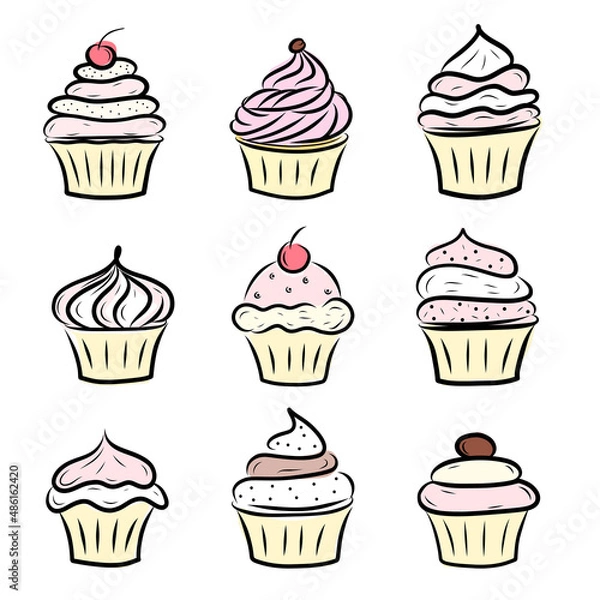 Fototapeta set of cream pies decorated with cherries and candles, birthday celebration, heart-shaped cherry, Valentines day card, isolated on white background, multicolored fill