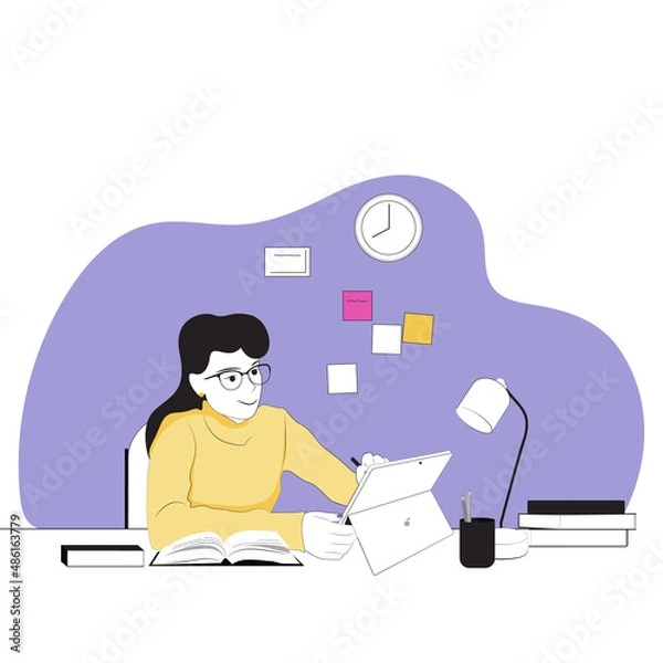 Fototapeta The girl behind the tablet. Overview flat conceptual illustration of online education, training and courses, training, video tutorials, for website banner, presentation template, online advertising