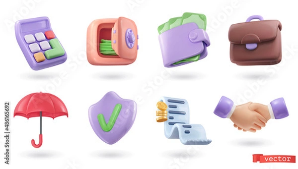 Fototapeta 3d business icon set. Calculator, safe, wallet with money, briefcase, umbrella, shield, cash receipt, handshake. Render vector objects